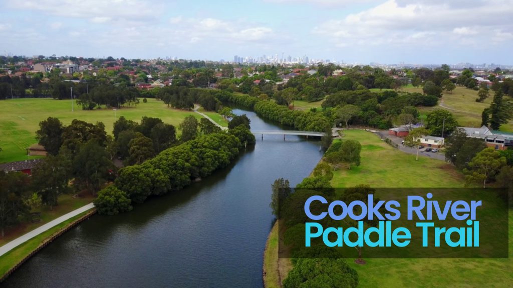 Photo of the Cooks River taken from the air promoting the Cooks River Paddle Trail